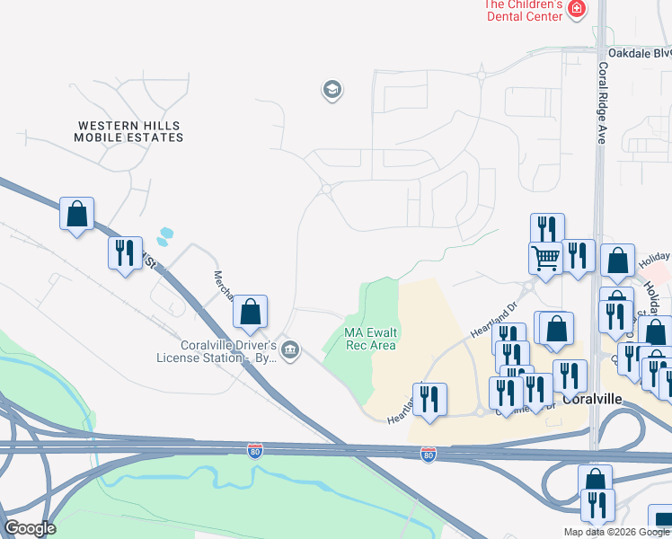 map of restaurants, bars, coffee shops, grocery stores, and more near 2332 Liberty Drive in Coralville