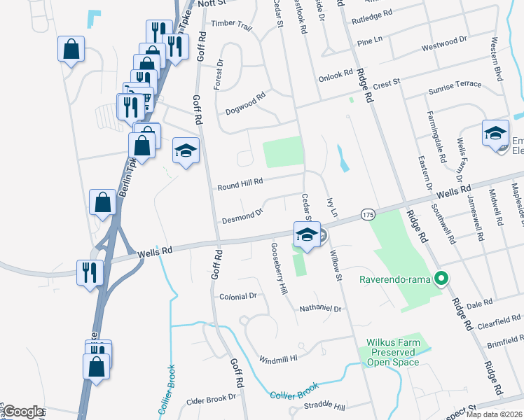 map of restaurants, bars, coffee shops, grocery stores, and more near 60 Desmond Drive in Wethersfield