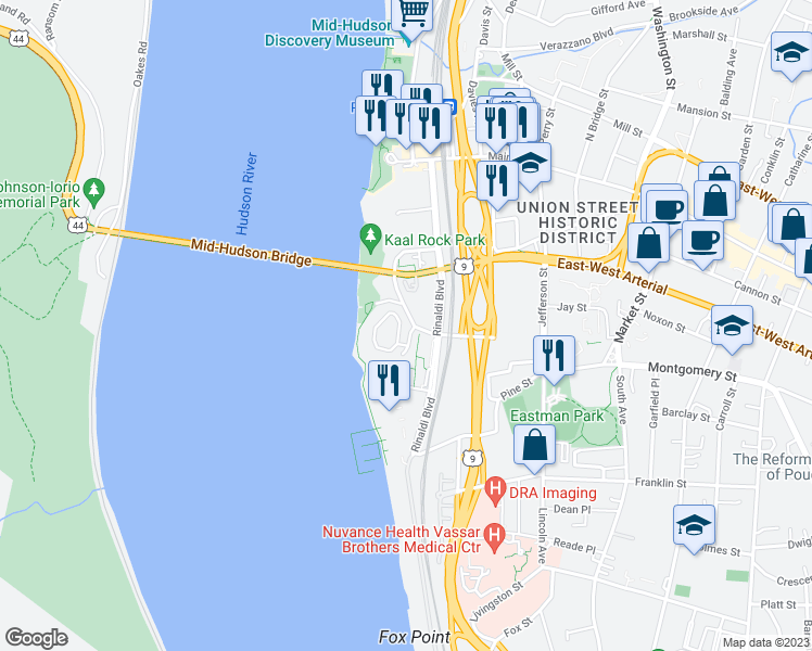 map of restaurants, bars, coffee shops, grocery stores, and more near 7 Hudson Heights Drive in Poughkeepsie