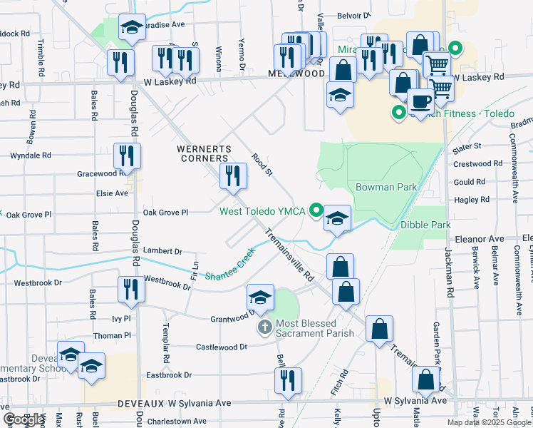 map of restaurants, bars, coffee shops, grocery stores, and more near 2147 Tremainsville Road in Toledo