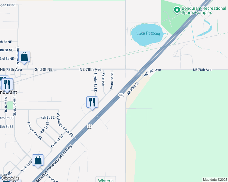 map of restaurants, bars, coffee shops, grocery stores, and more near 121 Paine Street Southeast in Bondurant