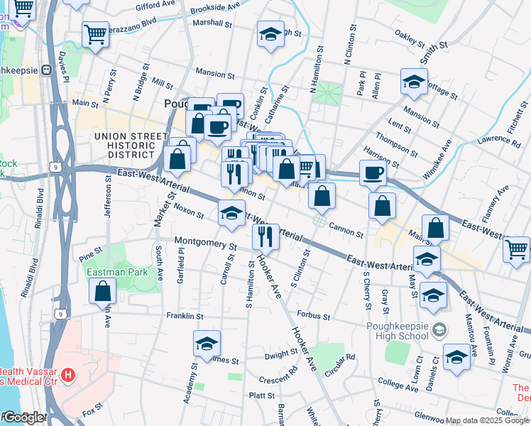 map of restaurants, bars, coffee shops, grocery stores, and more near 29 South Hamilton Street in Poughkeepsie