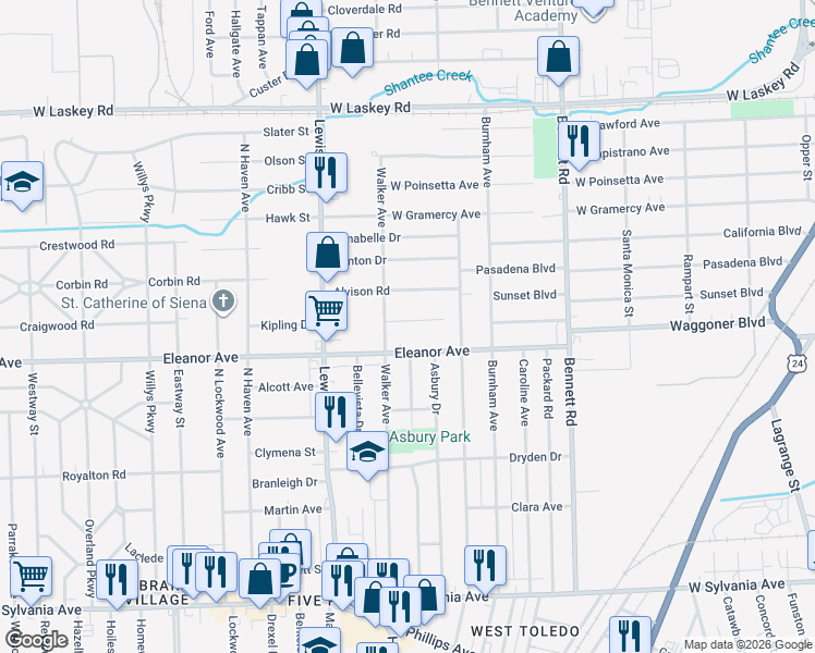 map of restaurants, bars, coffee shops, grocery stores, and more near 738 Eleanor Avenue in Toledo