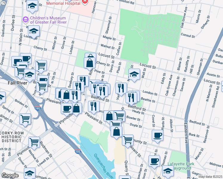 map of restaurants, bars, coffee shops, grocery stores, and more near 732 Bedford Street in Fall River
