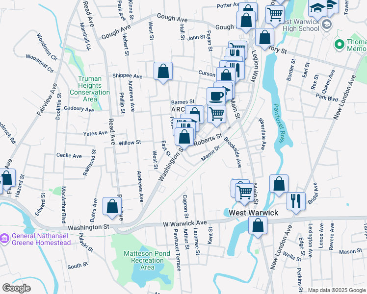 map of restaurants, bars, coffee shops, grocery stores, and more near 270 Washington Street in West Warwick