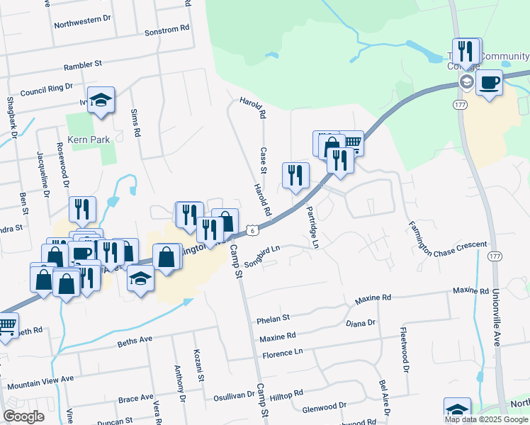 map of restaurants, bars, coffee shops, grocery stores, and more near 10 Harold Road in Farmington
