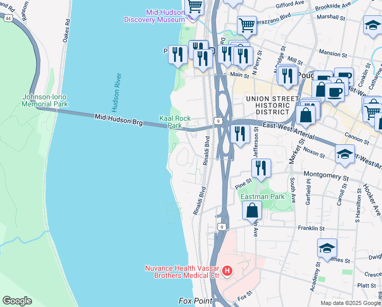 map of restaurants, bars, coffee shops, grocery stores, and more near 8 Stout Court in Poughkeepsie