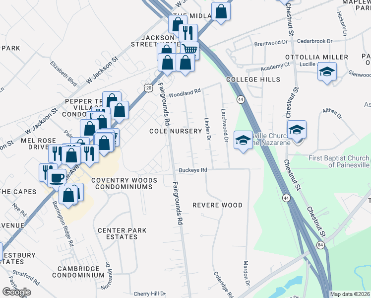 map of restaurants, bars, coffee shops, grocery stores, and more near 199 Hawthorne Drive in Painesville