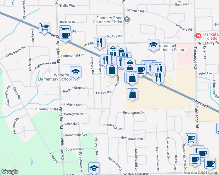 map of restaurants, bars, coffee shops, grocery stores, and more near 4851-4869 Lerado Road in Lucas