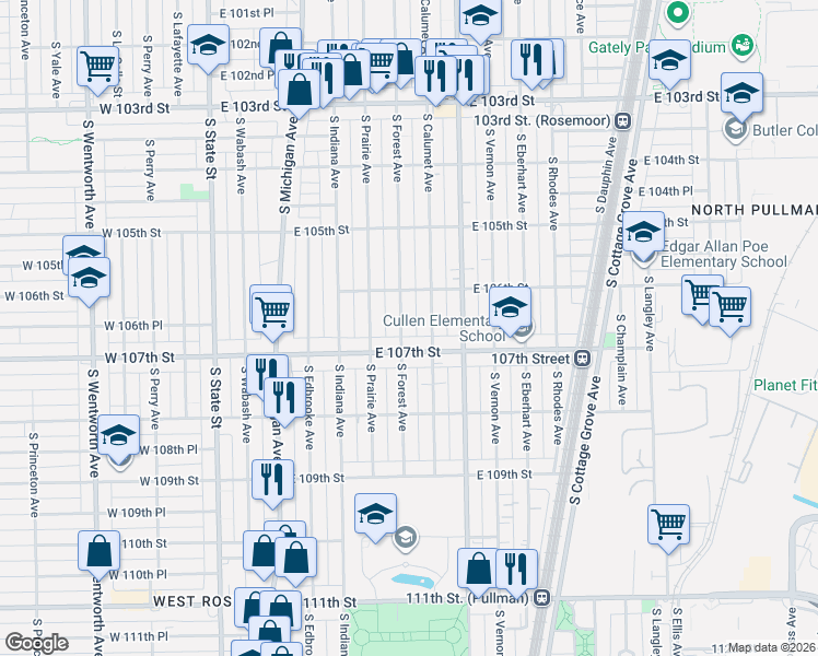 map of restaurants, bars, coffee shops, grocery stores, and more near 325 East 107th Street in Chicago