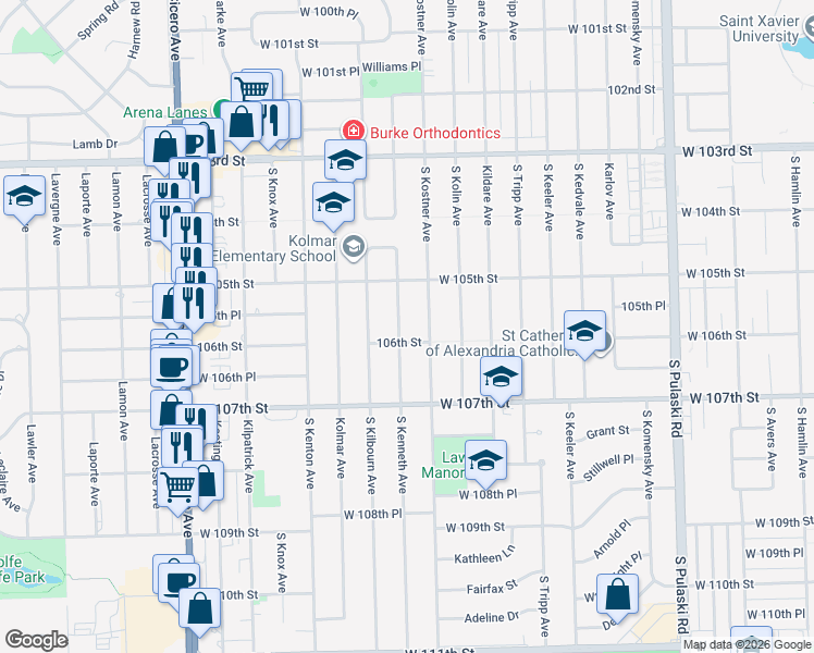 map of restaurants, bars, coffee shops, grocery stores, and more near 10600 South Kenneth Avenue in Oak Lawn