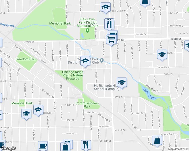 map of restaurants, bars, coffee shops, grocery stores, and more near 10543 Major Avenue in Chicago Ridge