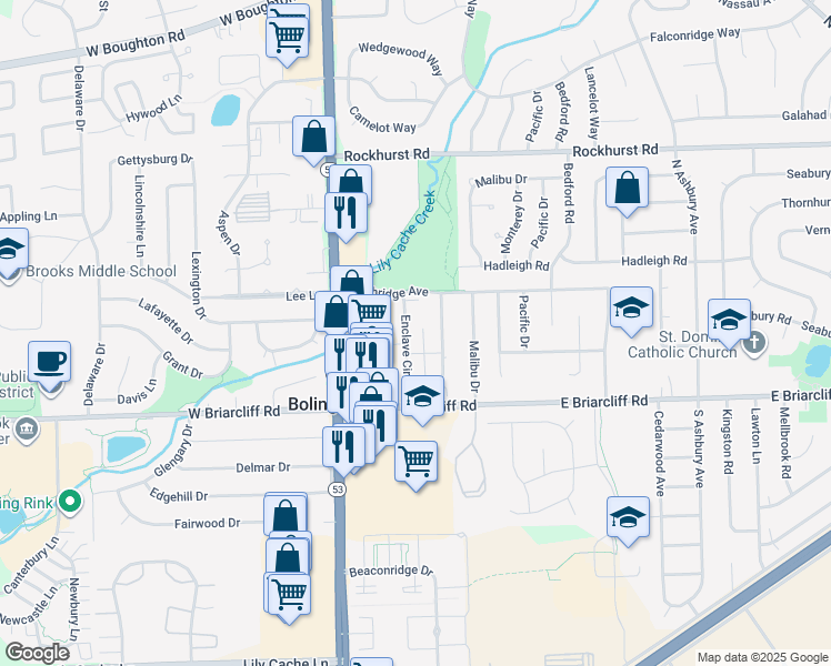 map of restaurants, bars, coffee shops, grocery stores, and more near 110A Enclave Circle in Bolingbrook