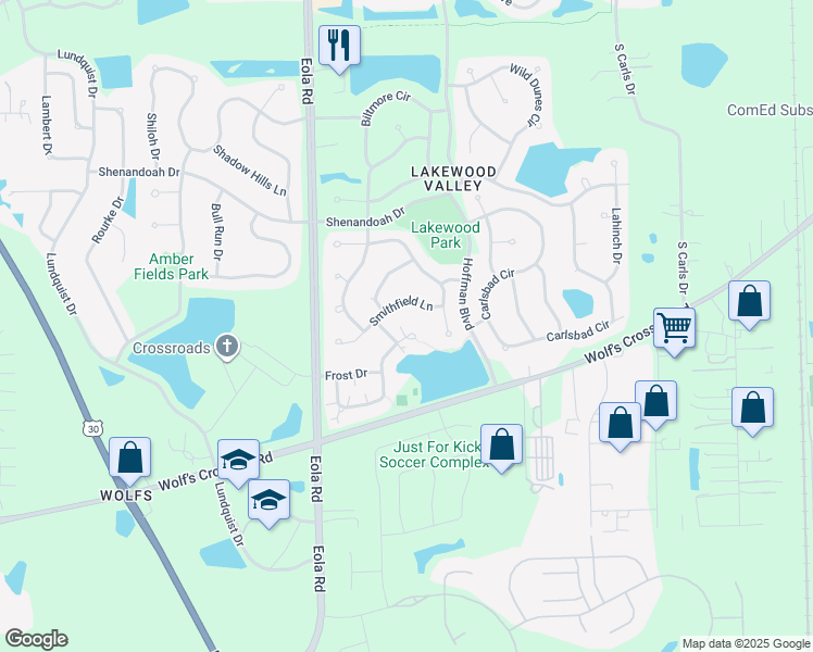map of restaurants, bars, coffee shops, grocery stores, and more near 2547 Dickens Drive in Aurora