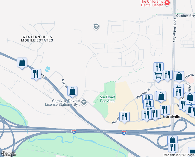 map of restaurants, bars, coffee shops, grocery stores, and more near 2332 Liberty Drive in Coralville