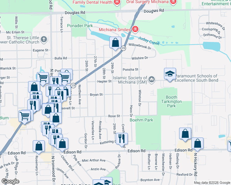 map of restaurants, bars, coffee shops, grocery stores, and more near 54600-54662 29th Street in South Bend