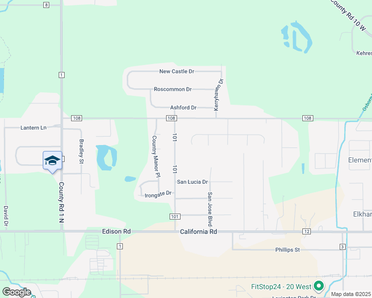 map of restaurants, bars, coffee shops, grocery stores, and more near 54706 County Road 101 in Elkhart