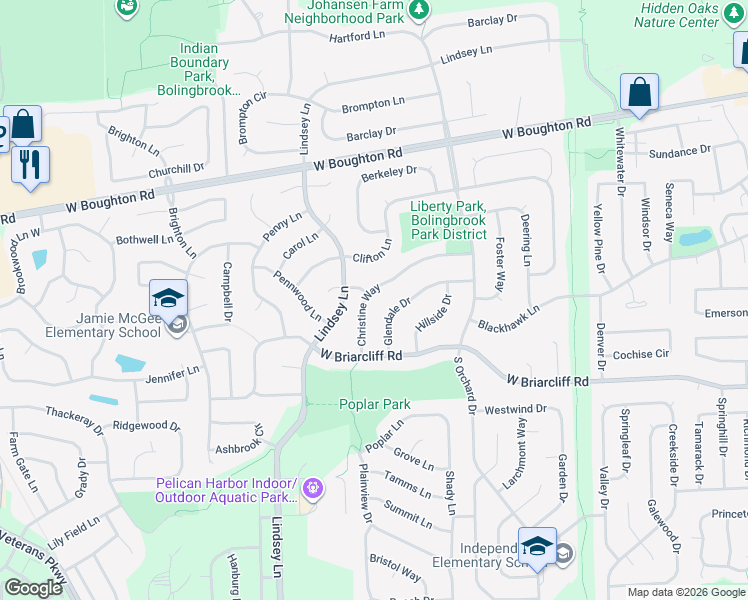 map of restaurants, bars, coffee shops, grocery stores, and more near 186 Christine Way in Bolingbrook
