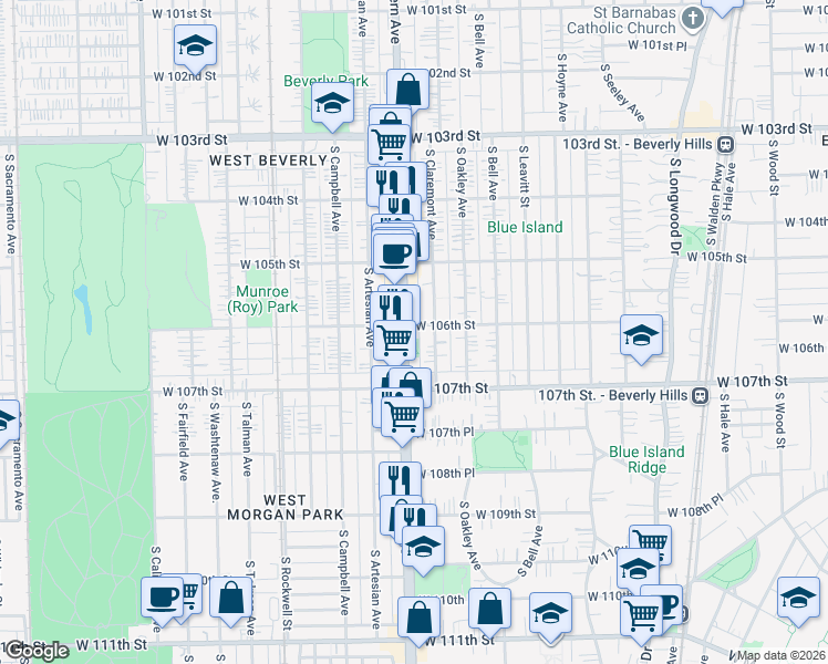 map of restaurants, bars, coffee shops, grocery stores, and more near 10615 South Western Avenue in Chicago