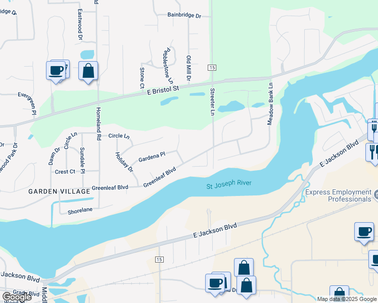 map of restaurants, bars, coffee shops, grocery stores, and more near 22854 Greenleaf Boulevard in Elkhart