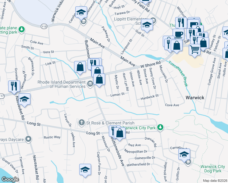 map of restaurants, bars, coffee shops, grocery stores, and more near 68 Keystone Drive in Warwick