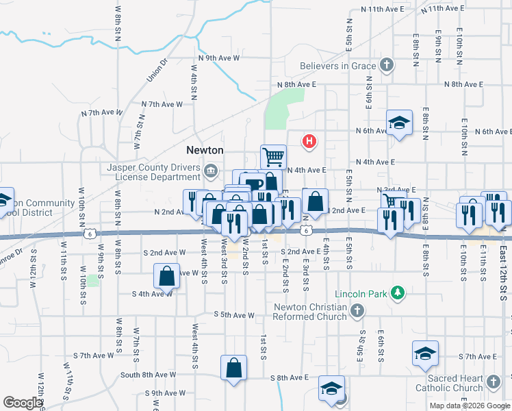 map of restaurants, bars, coffee shops, grocery stores, and more near 101 1st Street North in Newton