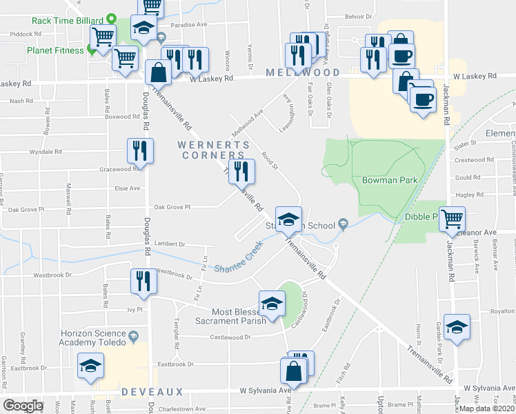 map of restaurants, bars, coffee shops, grocery stores, and more near 2209 Tremainsville Road in Toledo
