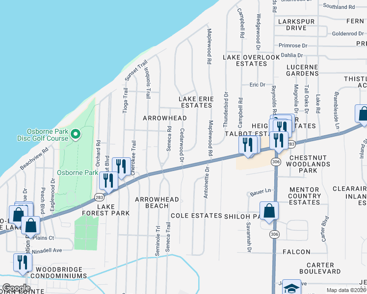 map of restaurants, bars, coffee shops, grocery stores, and more near 6245 Cedarwood Road in Mentor