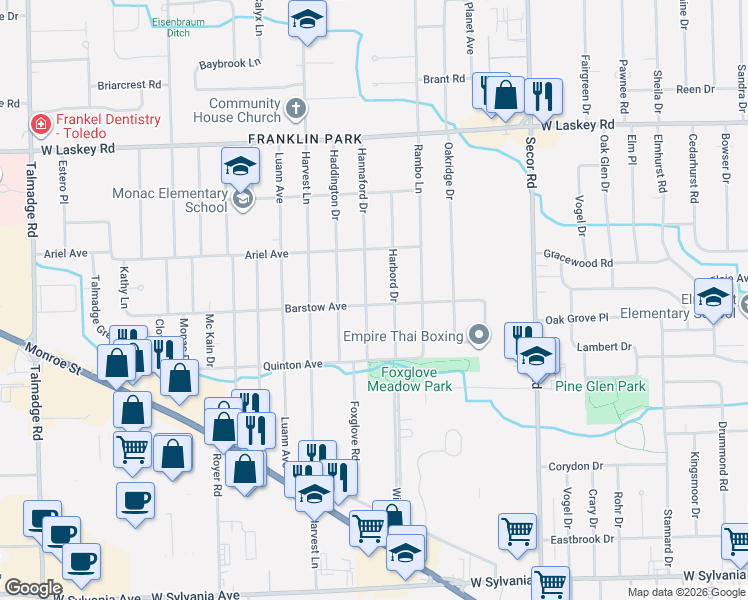 map of restaurants, bars, coffee shops, grocery stores, and more near 4647 Hannaford Drive in Toledo