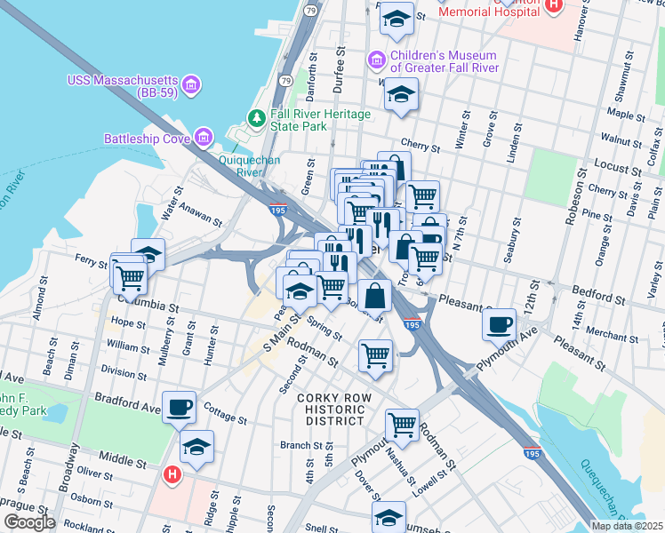 map of restaurants, bars, coffee shops, grocery stores, and more near 99 South Main Street in Fall River