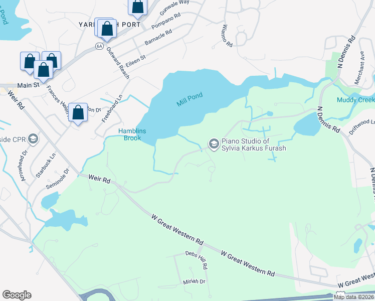 map of restaurants, bars, coffee shops, grocery stores, and more near 280 Weir Road in Yarmouth