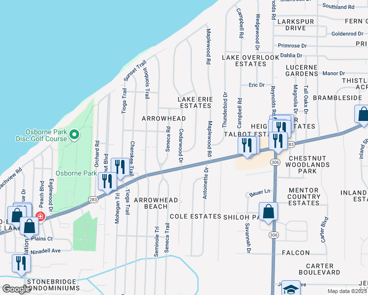map of restaurants, bars, coffee shops, grocery stores, and more near 6245 Cedarwood Road in Mentor