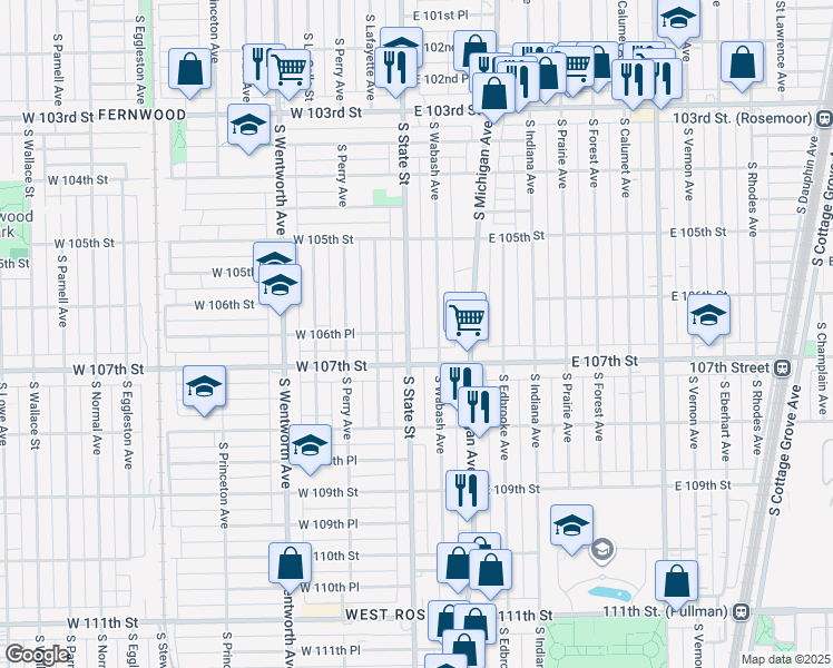 map of restaurants, bars, coffee shops, grocery stores, and more near 10604 South Wabash Avenue in Chicago