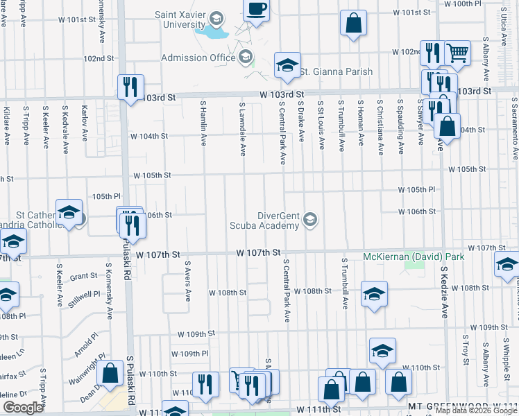 map of restaurants, bars, coffee shops, grocery stores, and more near 10552 South Millard Avenue in Chicago