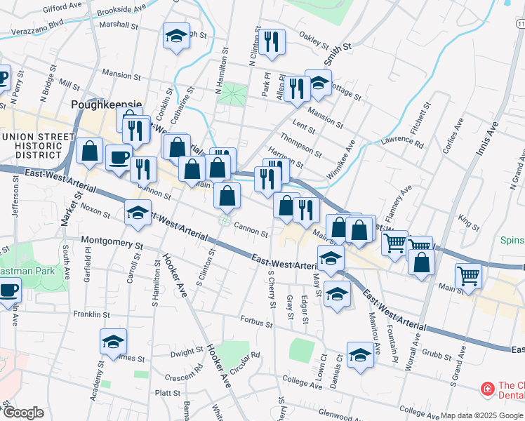 map of restaurants, bars, coffee shops, grocery stores, and more near 503 Main Street in Poughkeepsie