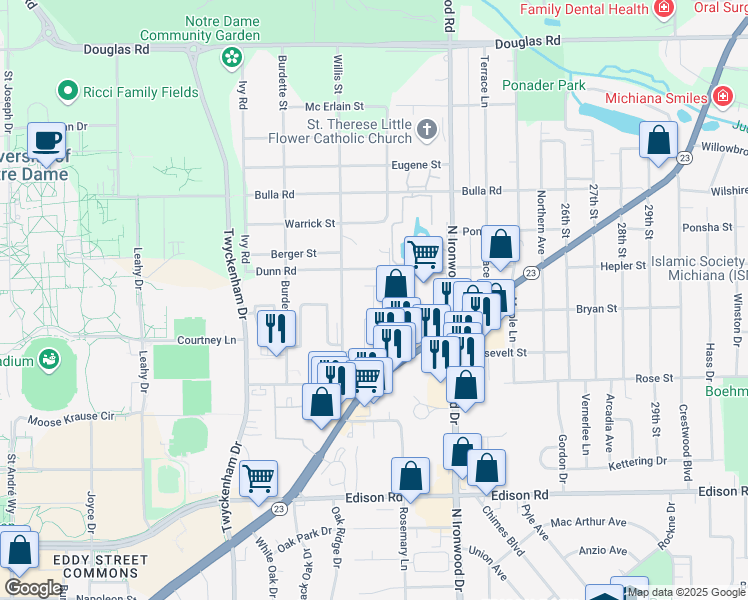 map of restaurants, bars, coffee shops, grocery stores, and more near 1756 Irish Way in South Bend