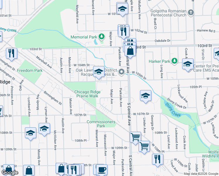 map of restaurants, bars, coffee shops, grocery stores, and more near 10518 Major Avenue in Chicago Ridge