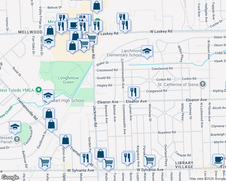 map of restaurants, bars, coffee shops, grocery stores, and more near 1620 Hagley Road in Toledo