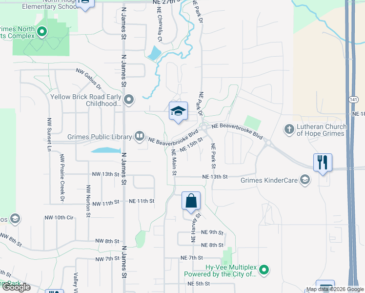 map of restaurants, bars, coffee shops, grocery stores, and more near 604 Northeast 15th Street in Grimes