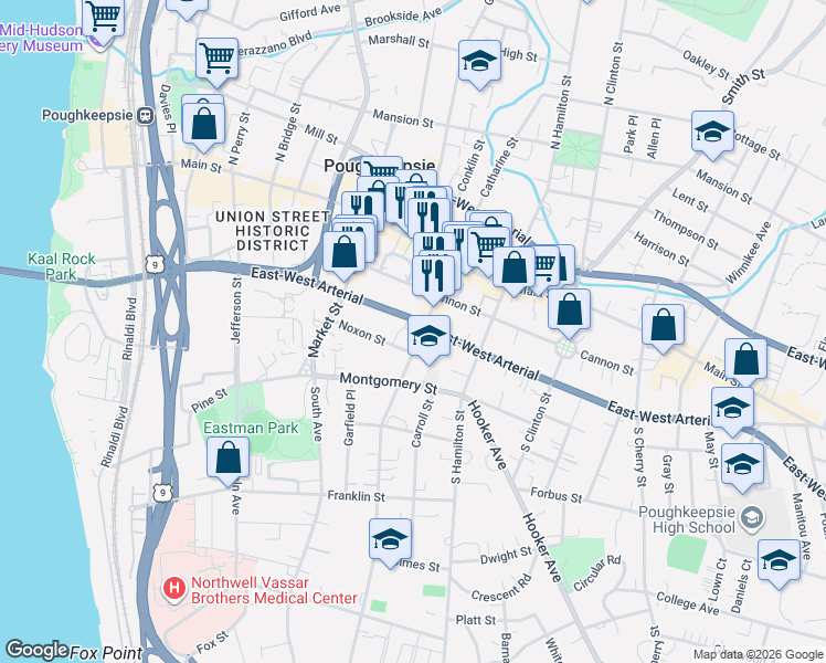 map of restaurants, bars, coffee shops, grocery stores, and more near 52 Academy Street in Poughkeepsie