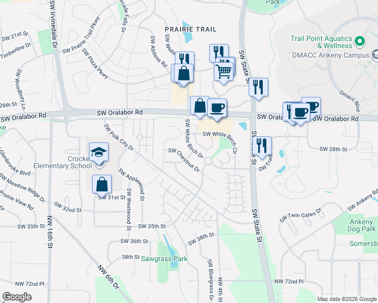 map of restaurants, bars, coffee shops, grocery stores, and more near 1845 Southwest White Birch Circle in Ankeny