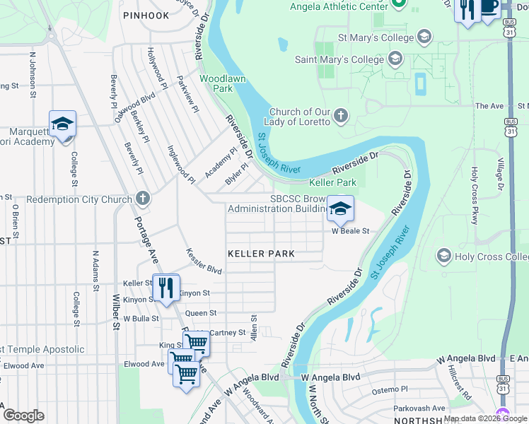 map of restaurants, bars, coffee shops, grocery stores, and more near 1006 Culver Place in South Bend