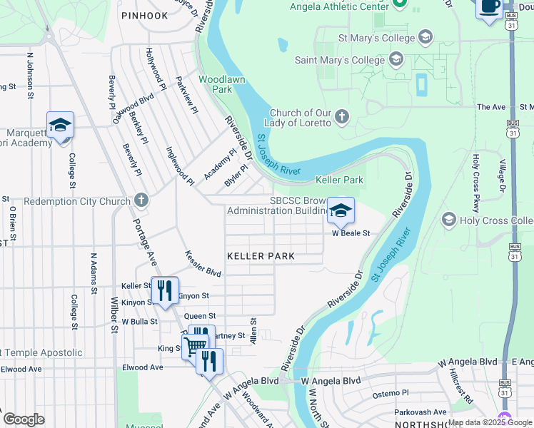 map of restaurants, bars, coffee shops, grocery stores, and more near 1026 West Bryan Street in South Bend