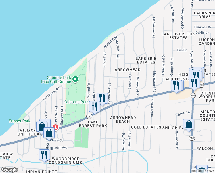 map of restaurants, bars, coffee shops, grocery stores, and more near 723 Cherokee Trail in Willoughby