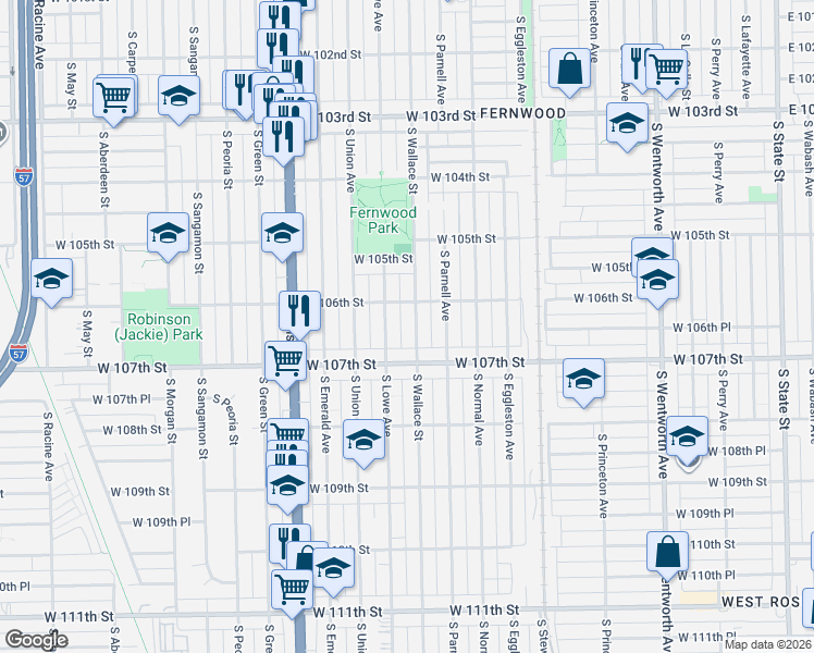 map of restaurants, bars, coffee shops, grocery stores, and more near 10557 South Wallace Street in Chicago