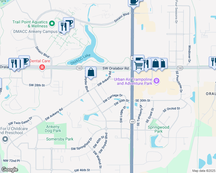 map of restaurants, bars, coffee shops, grocery stores, and more near 455 Southwest Ankeny Road in Ankeny