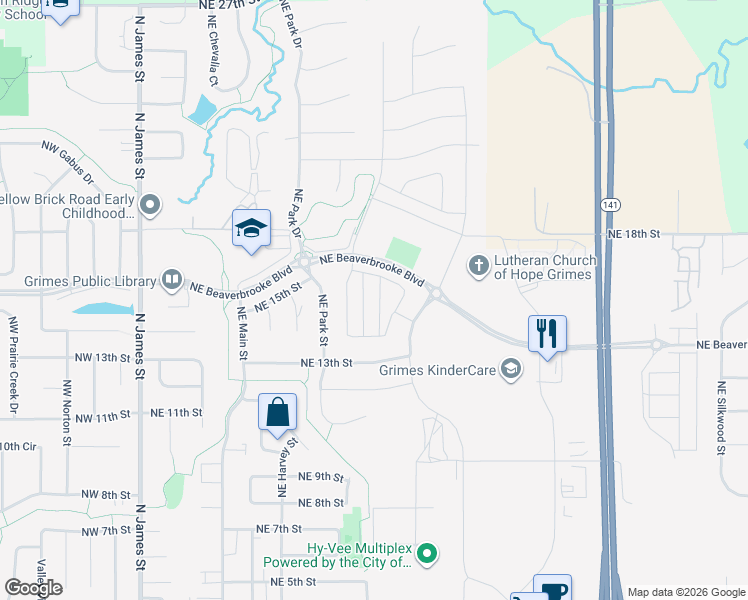 map of restaurants, bars, coffee shops, grocery stores, and more near 907 Northeast 16th Street in Grimes