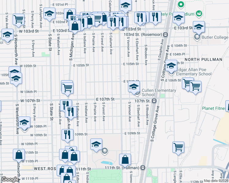 map of restaurants, bars, coffee shops, grocery stores, and more near 10606 South Calumet Avenue in Chicago