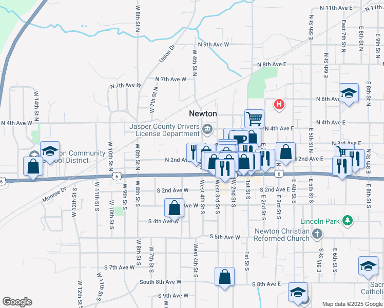 map of restaurants, bars, coffee shops, grocery stores, and more near 422 South 2nd Avenue East in Newton