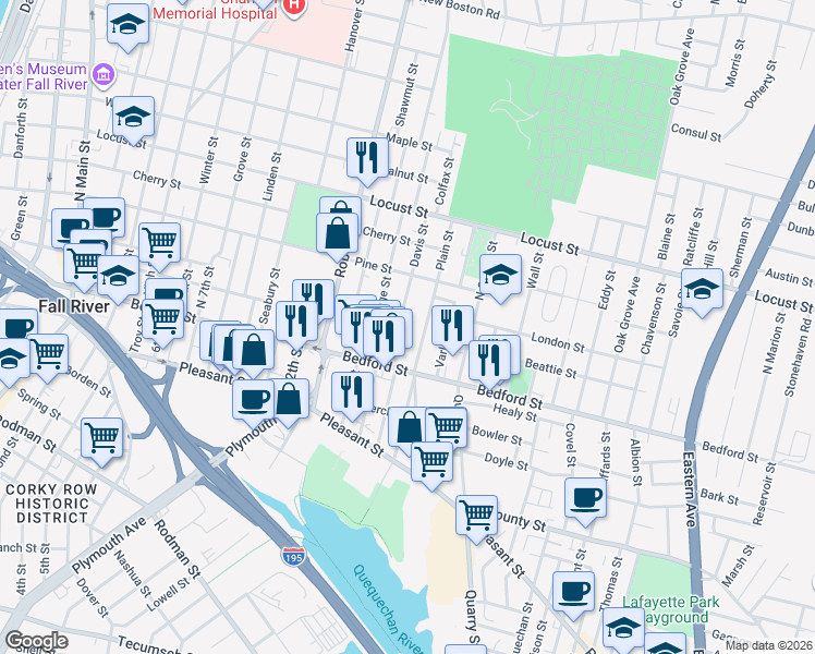 map of restaurants, bars, coffee shops, grocery stores, and more near 133 Davis Street in Fall River